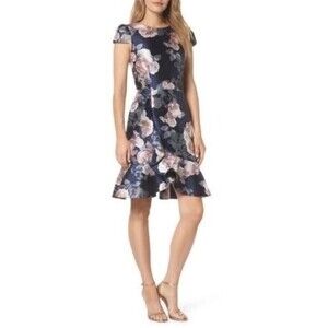 Easter! Eliza J Womens Blue Floral Jacquard  Ruffle Hem Mini Dress